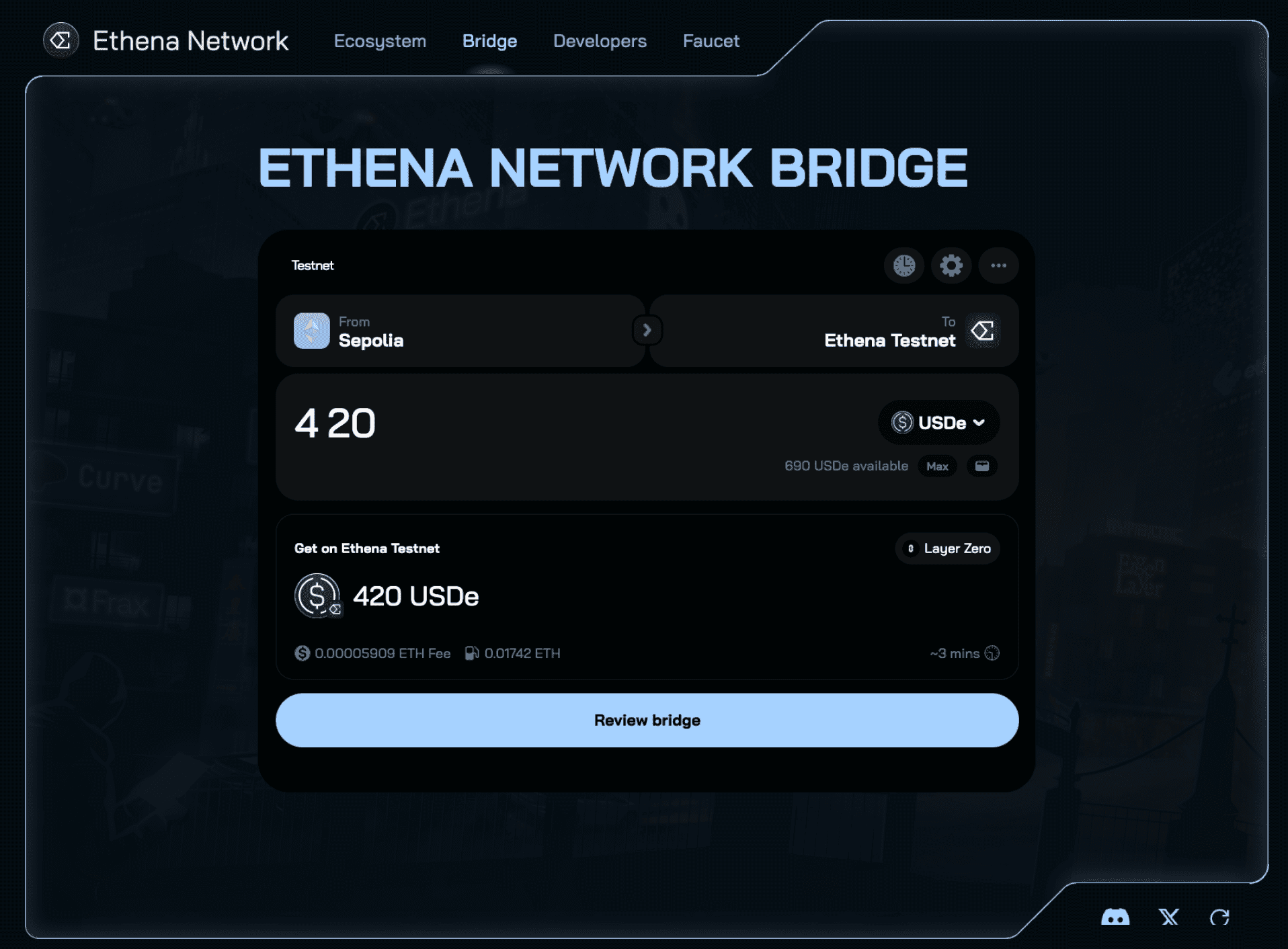 Ethena.fi app with white-labelled Layer Zero bridge powered by superbridge